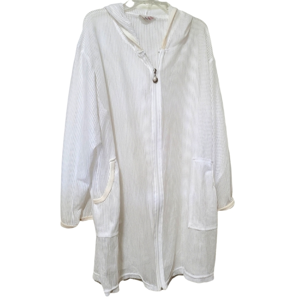 (FREE SHIPPING☆) white osfm mesh zip up hoodie beach / swim suit covers up shell